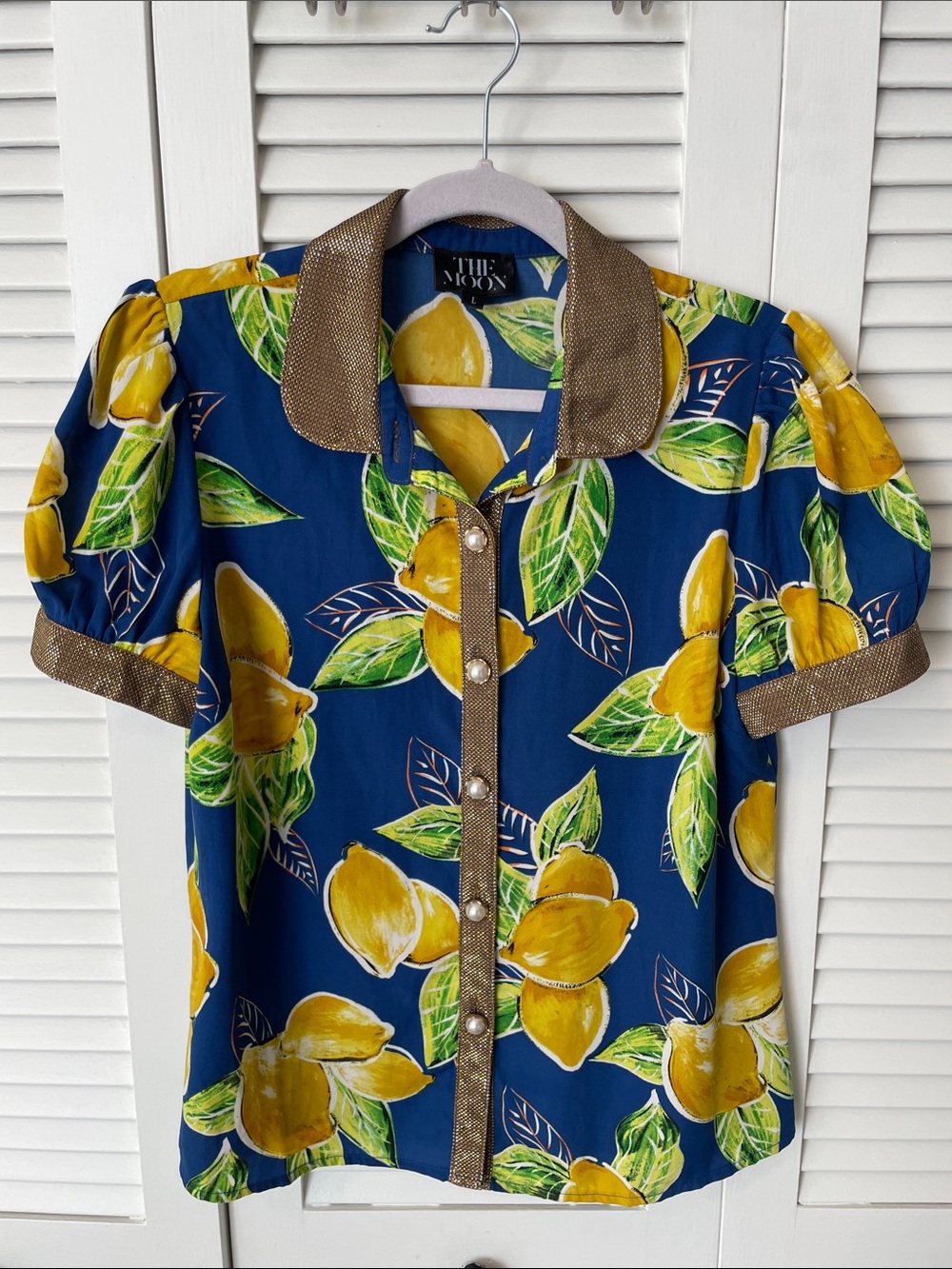 The Moon Blue Lemon-Print Short Sleeve Blouse with Metallic Trim